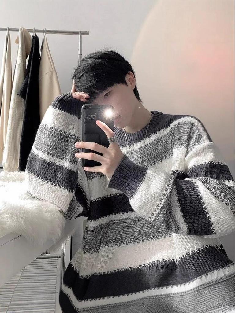 Men’s Trendy Korean Striped Knit Sweater – High-End, Versatile & Stylish