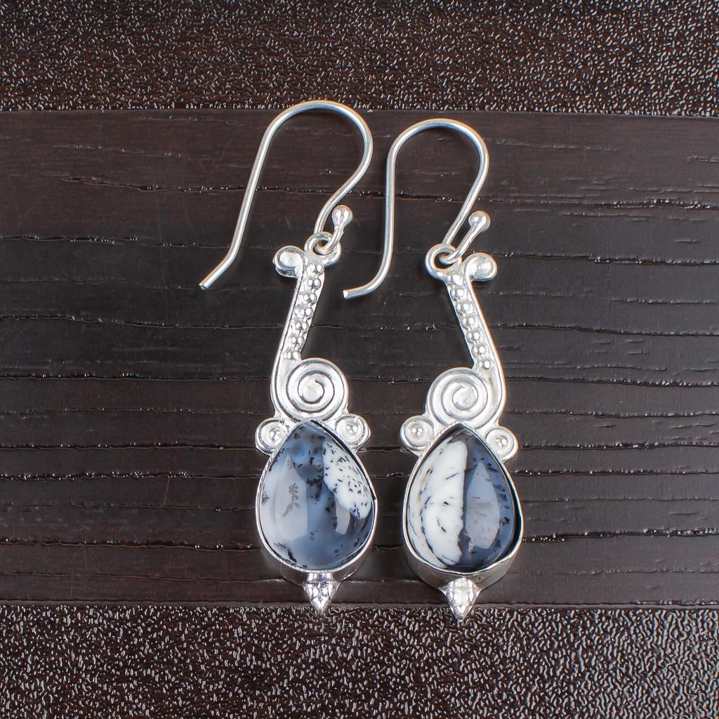 Real Dendritic Opal Gemstone 925 Sterling Silver Stylish Jewelry Earrings 2.10" EE-37-20