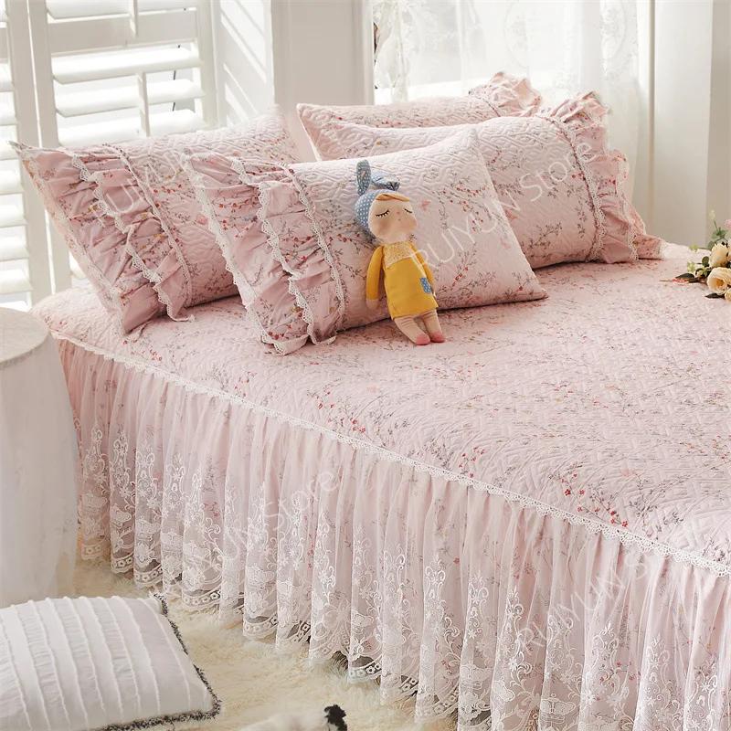 Flower Decorative Princess Lace Bed Skirt 100% Cotton-padded Thicken Bed Skirt Home Non-slip Mattress Cover Protector Bed Cover