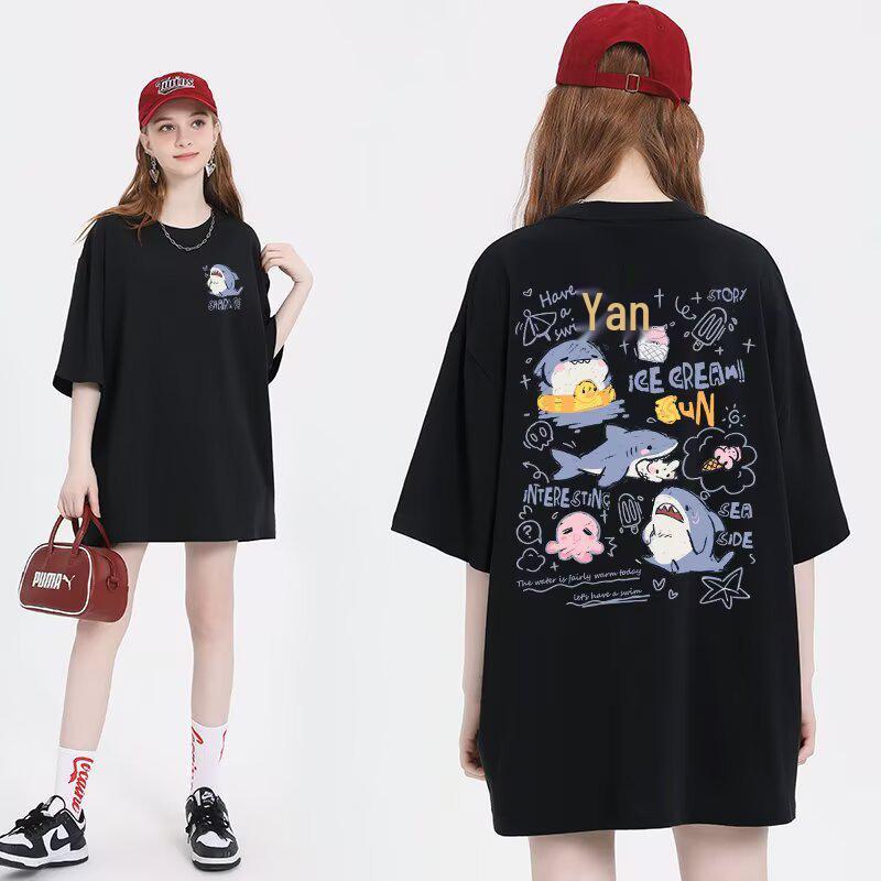 

Женская летняя черная свободная футболка с коротким рукавом и шикарным мультяшным принтом, 2025 L чёрный