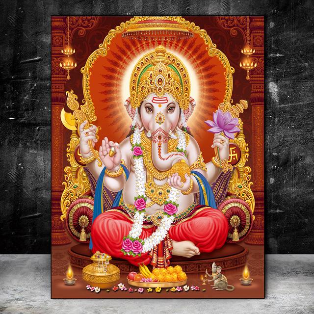Indian Elephant God Paints Gold Ganesha Temple Poster On Canvas Modern