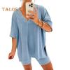 2 Teile/satz Frauen Sommer Sportswear-Set V Neck Side Split Kurzen Ärmeln Lose T-shirt Elastische Taille Mini Hosen Set Trainingsanzug Sport kleidung