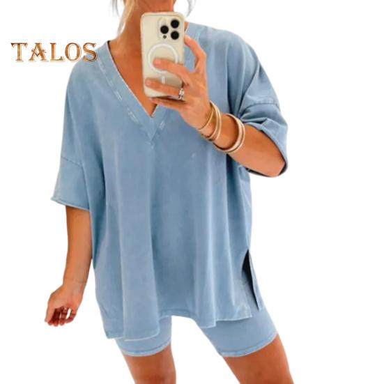 2 Teile/satz Frauen Sommer Sportswear-Set V Neck Side Split Kurzen Ärmeln Lose T-shirt Elastische Taille Mini Hosen Set Trainingsanzug Sport kleidung