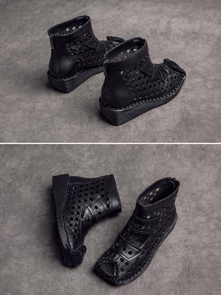 Johnature Genuine Leather Summer Hollow Out Boots Retro Handmade Round Toe Breathable Wedge Sandals Women's Shoes