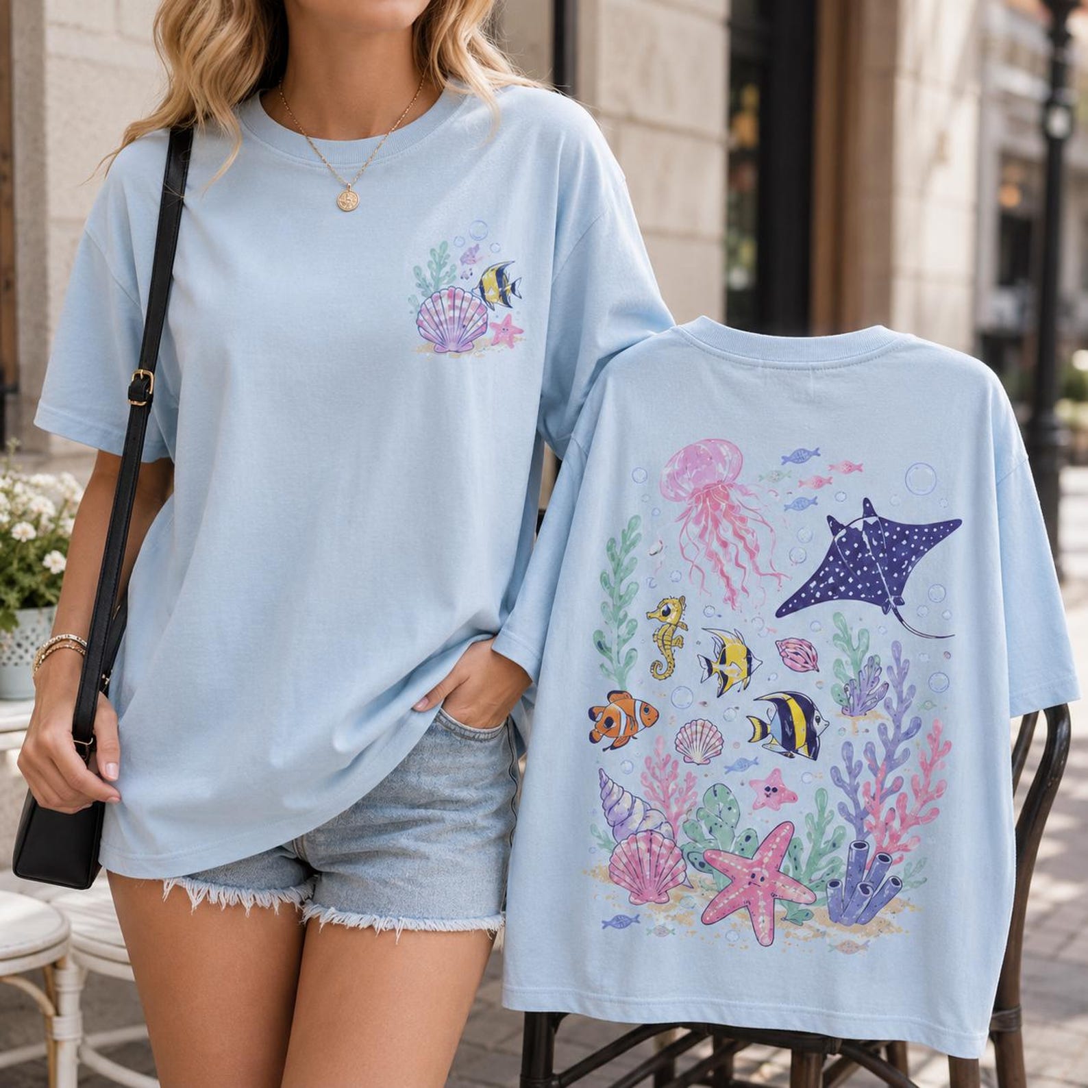 Pastel Ocean Life Double Sided Comfort Colors T-Shirt, Ivory Beach Marine Tee M