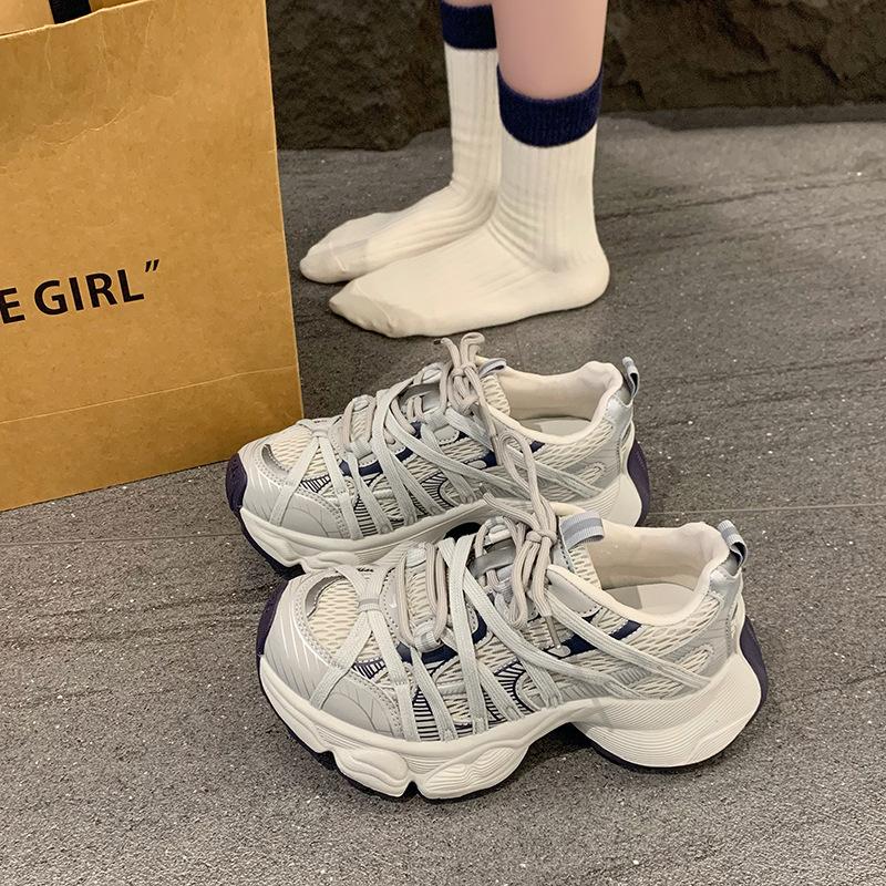 Strap Platform Dad Shoes Women's Spring and Summer New Breathable Mesh Round Head Lace-up Casual Sports Shoes