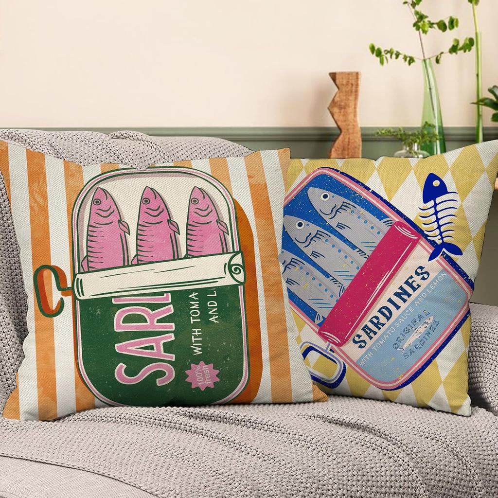 Sardines Can Decorative Throw Pillow Covers 18 x 18 Set of 4, Beach Coastal Fish Fisherman Aesthetic Porch Outdoor Home Decor, Retro Nautical Plaid
