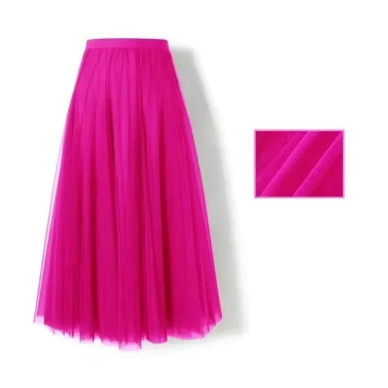 Spring Autumn Summer Holiday Beach Women Long Midi Skirt Ladies Elastic High Waist Tulle Mesh Pleated Tutu Skirt