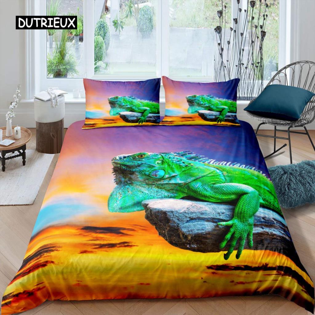 Chameleon Duvet Cover Set 3D Wild Animal Theme Twin Bedding Set Wildlife Comforter Cover Boys Green Leaf Polyester Quilt Cover