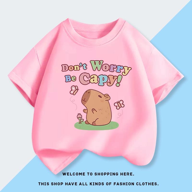 Camiseta Estampada de Caricatura de Capibara Verano 2026 Moderna para Niños Top Redondo Padre-Hijo