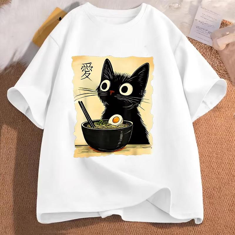 Camiseta gráfica divertida de gato ramen, camiseta de anime japonés kawaii, camisetas de moda, camisetas de manga corta, camisetas casuales unisex de tendencia