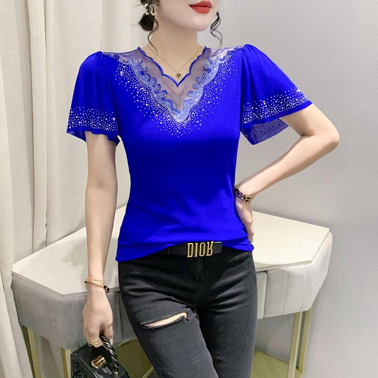 

2025 Европейский Летний Стиль Блузка с Воланами, Инкрустированная Бриллиантами для Женщин M синий