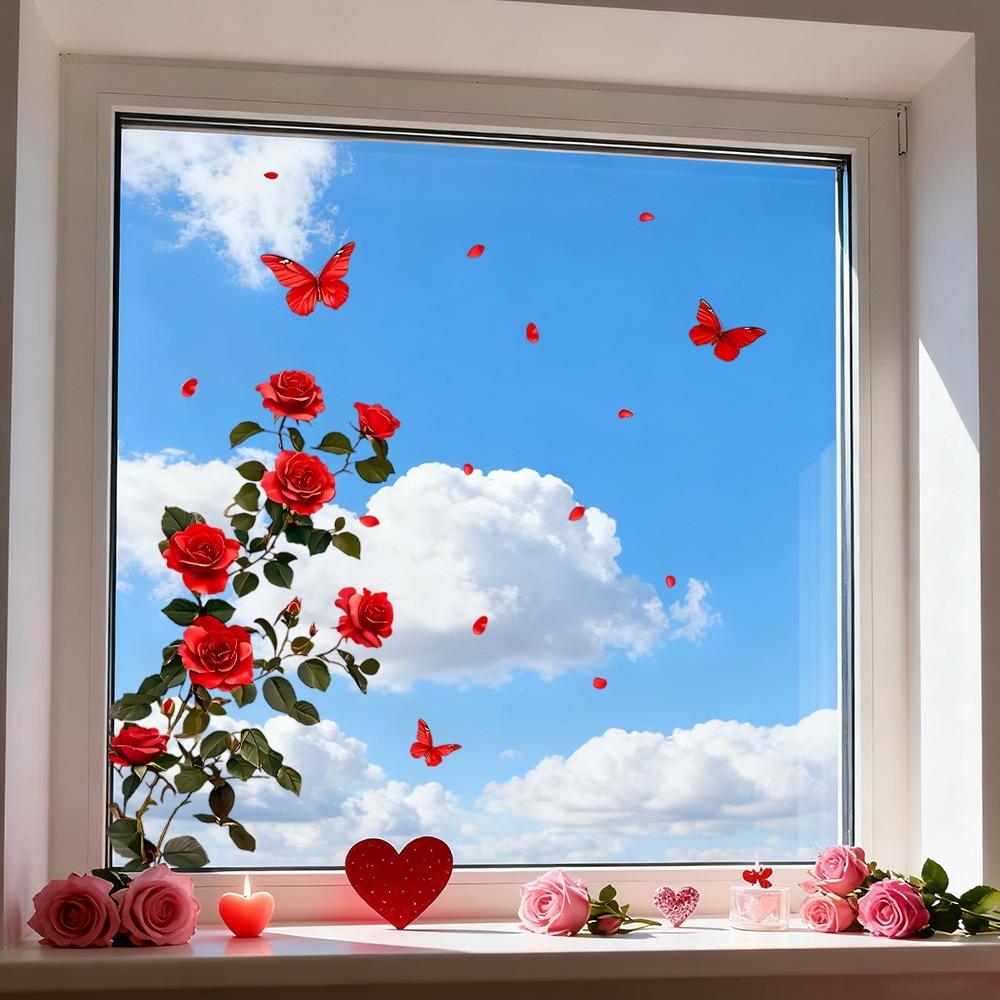 Festivaldeko Valentinstag Rote Rose Schmetterling Aufkleber Transparent Glasaufkleber Für Wohnzimmer Festliche Atmosphäre