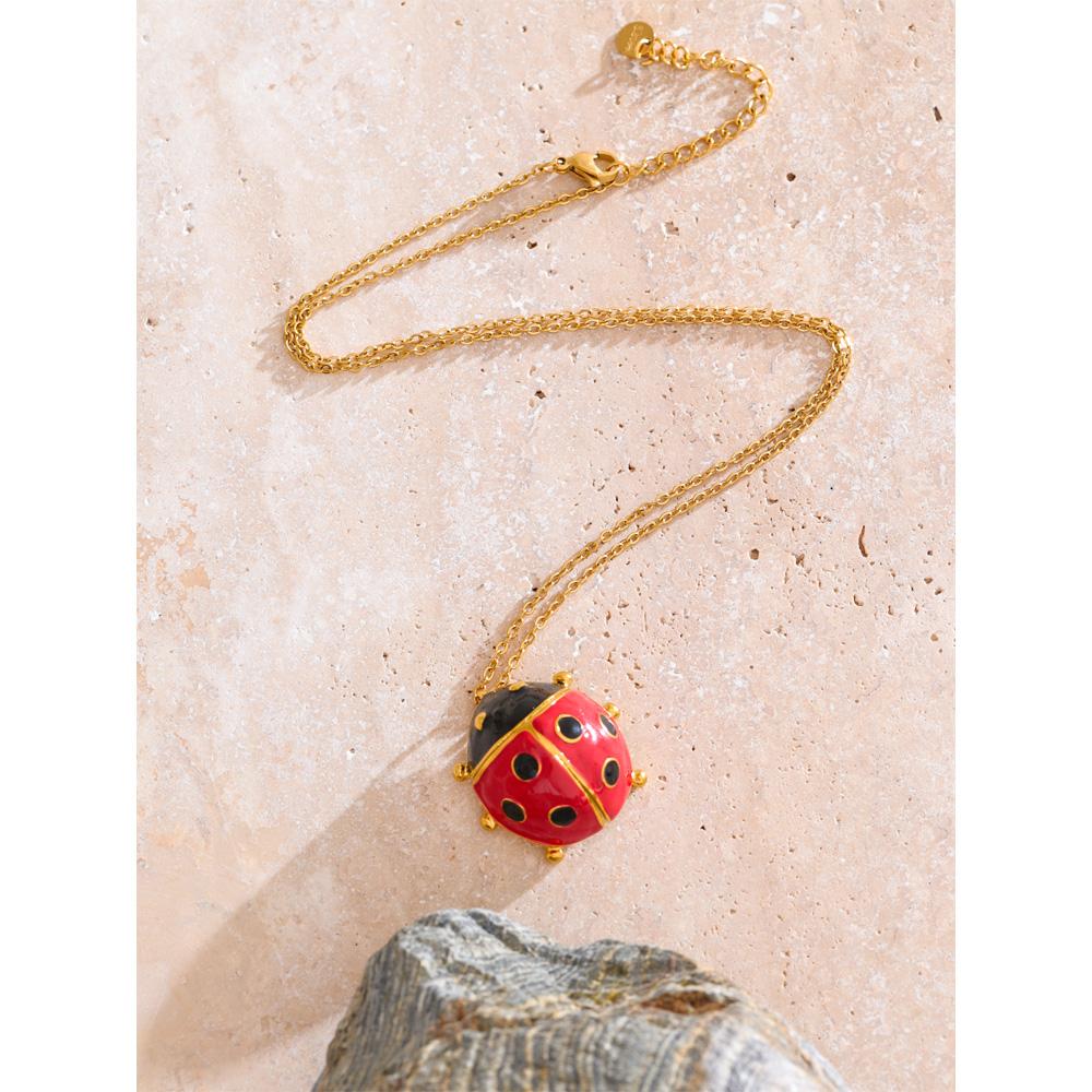 Yhpup Trendy Red Enamel Ladybird Insect Pendant Necklace 18K Golden PVD Plated Popular Fashion Jewelry Waterproof