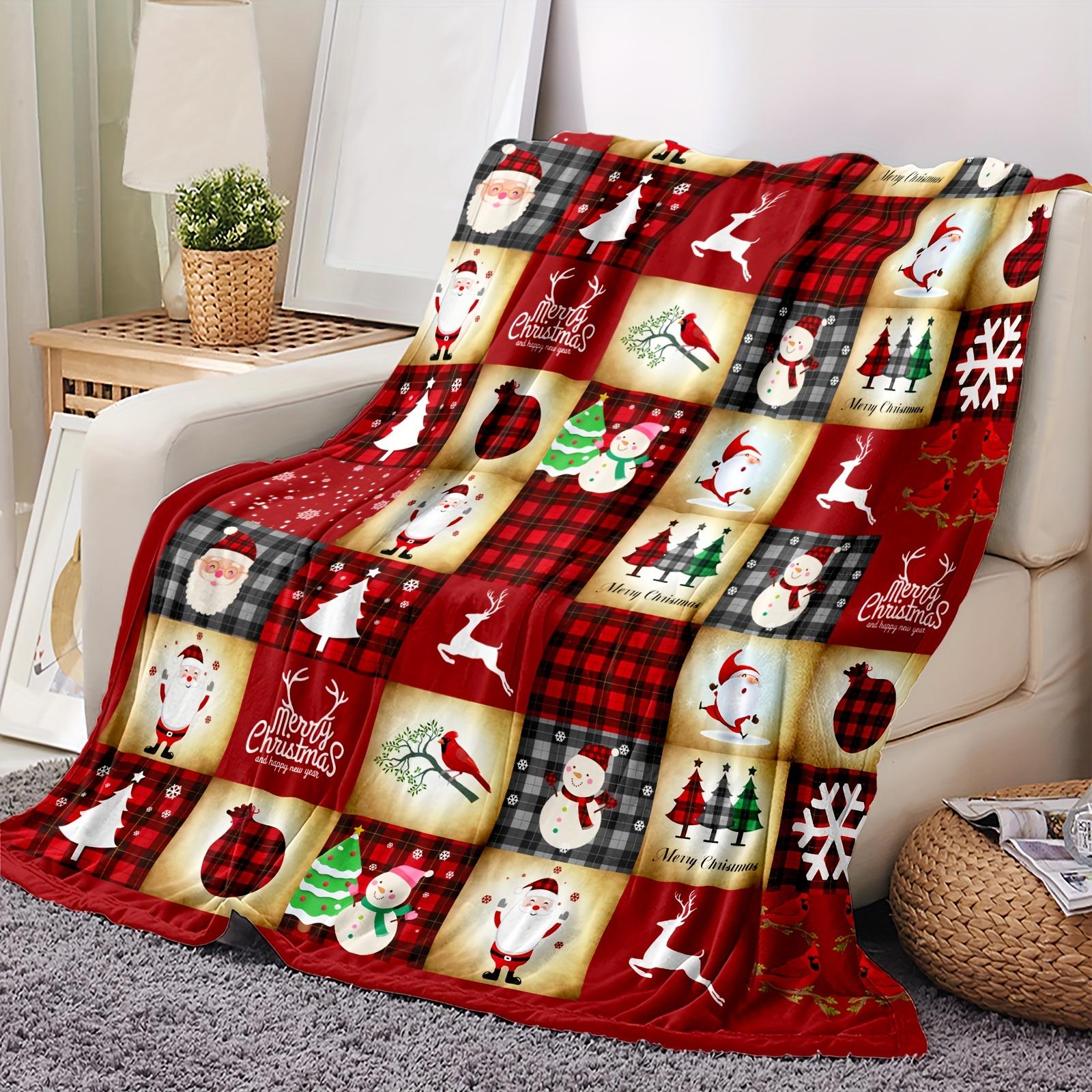 

Flannel Blanket – Christmas Theme, Santa Claus, Snowman & Elk Patterns, Printed Gift for Couch, Bed, Sofa, Car, Travel 30x40in
