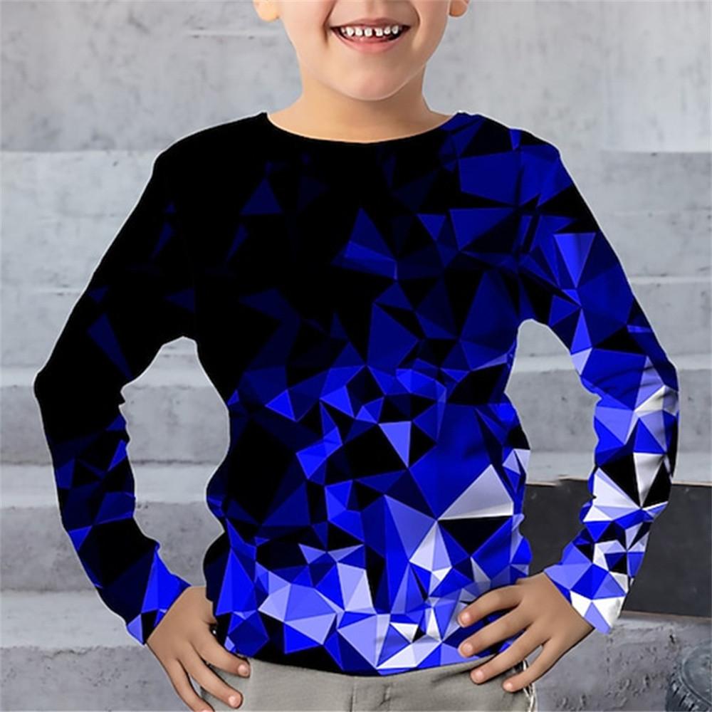 Frühlings- und Herbst-Rundhals-Oberteil mit 3D-Geometrie-Musterdruck, modisch, lässig, langärmelig, Kinder-Jungen-T-Shirts
