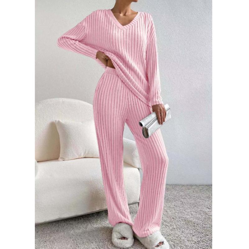 Pantaloni a gamba dritta casual alla moda autunnale da donna in due pezzi, temperamento, scollo a V largo, tuta lavorata a maglia