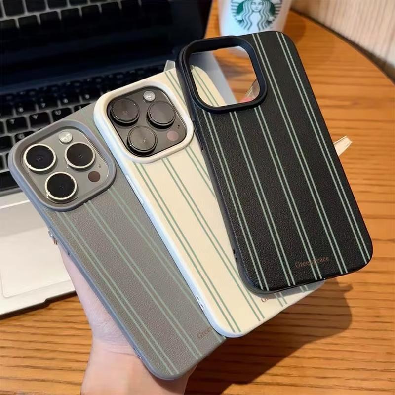 Custodia per Telefono con Strisce Verdi e Motivo Litchi Per iPhone 17 16 15 14 13 12 11 Pro Max XS X XR 16 Plus 16e Cover in Silicone Antiurto