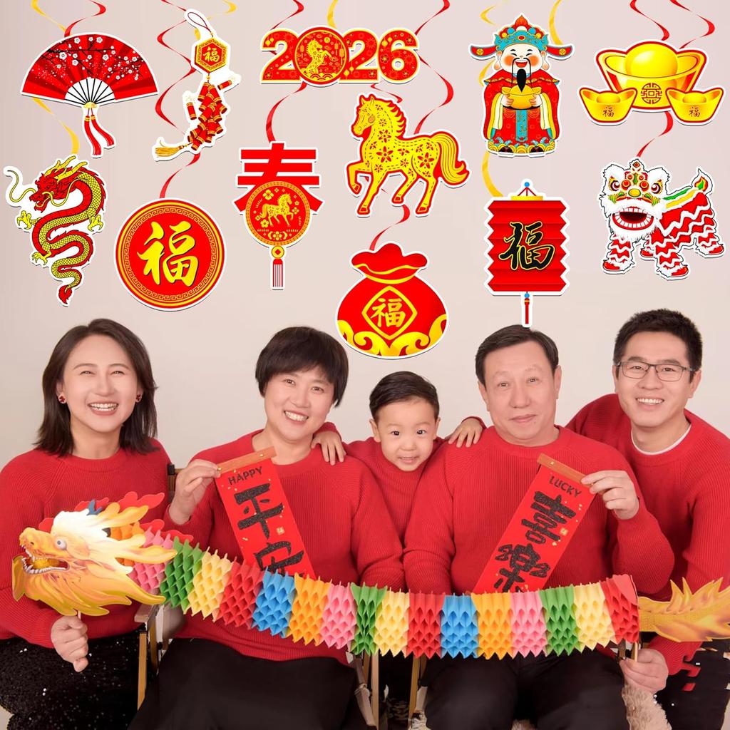Happy Chinese New Year Hanging Swirls 2026 Chinese New Year Party Decoration Year of The Horse Themed Ceiling Swirls Spring Festival Hanging
