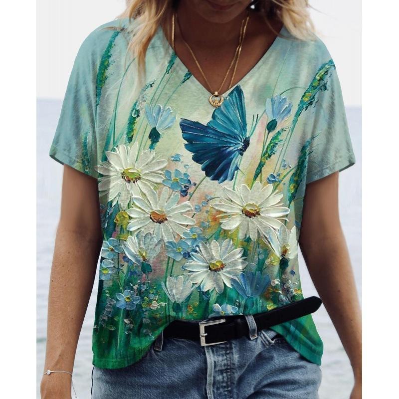 Summer V-neck 3D Flower Butterfly Printed Top Fashionable Casual Short Sleeved Women's T-shirts