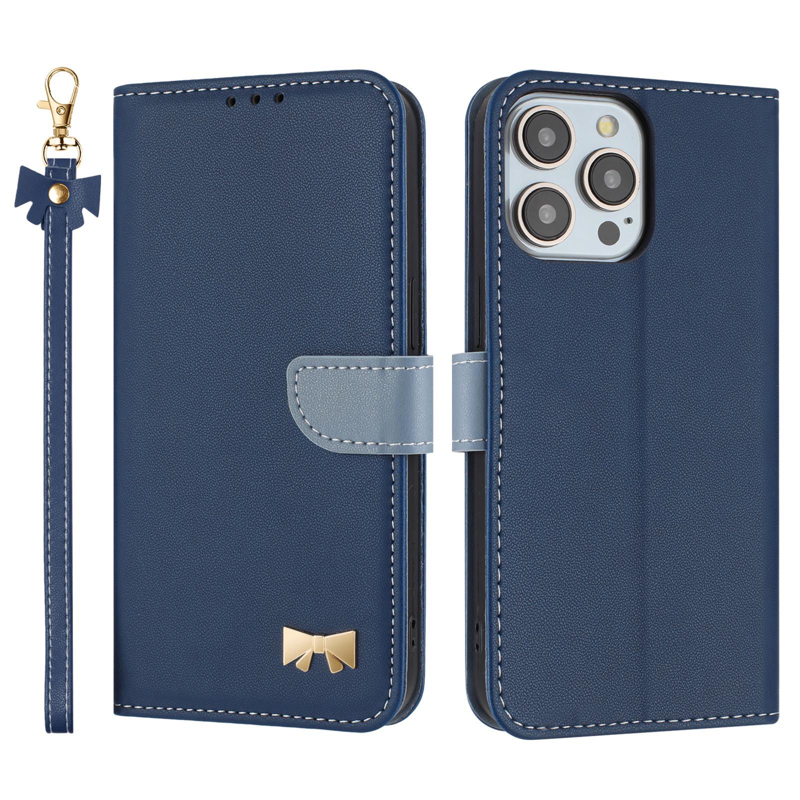 

For iPhone 15 Pro Max Case Bowknot Decor Wallet Leather Phone Cover with Wrist Strap Dark Blue