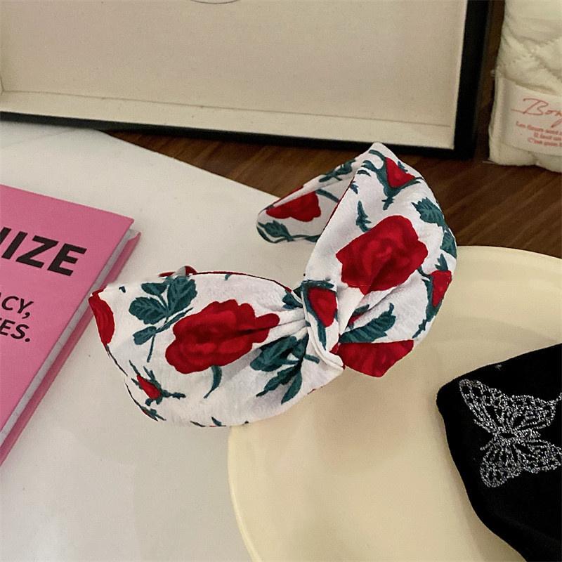 Kvinner Jenter Vakkert Roseblomst Trykk Hårbånd med Stor Sløyfe i Midten Moteabel Kvinne Fest Utendørs Hårtilbehør
