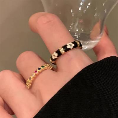 Colored Zircon Black Drop Glaze Flower Ring Niche Versatile Exquisite Open Ring