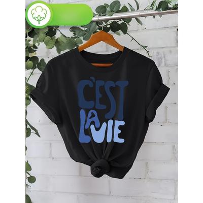Women's "C'est La Vie" Graphic Tee White Blue Lettering Crew Neck Short Sleeve Regular Fit Spring Summer Casual Top