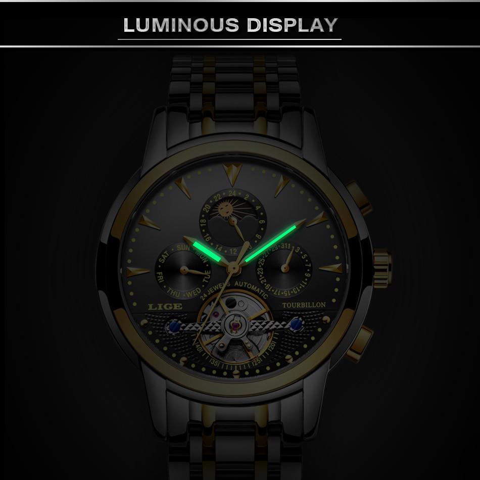 Orologio Uomo Automatico Di Lusso Con Tourbillon, Fase Lunare, Quadrante Nero, Acciaio Inox, Impermeabile 3 ATM, Regalo