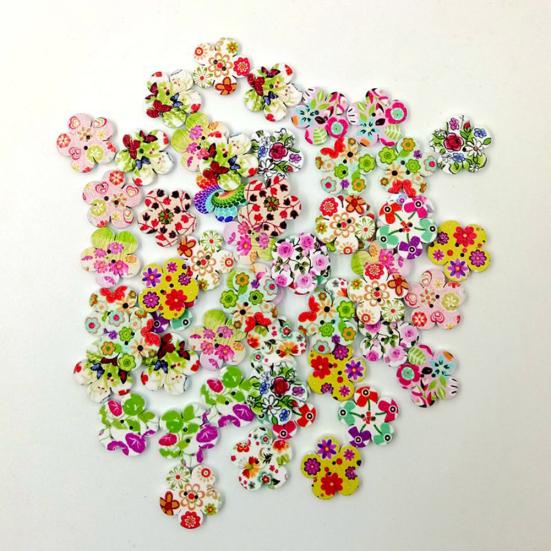 100 Pcs Wooden Cute Flower 2 Holes Buttons Sewing Scrapbooking DIY