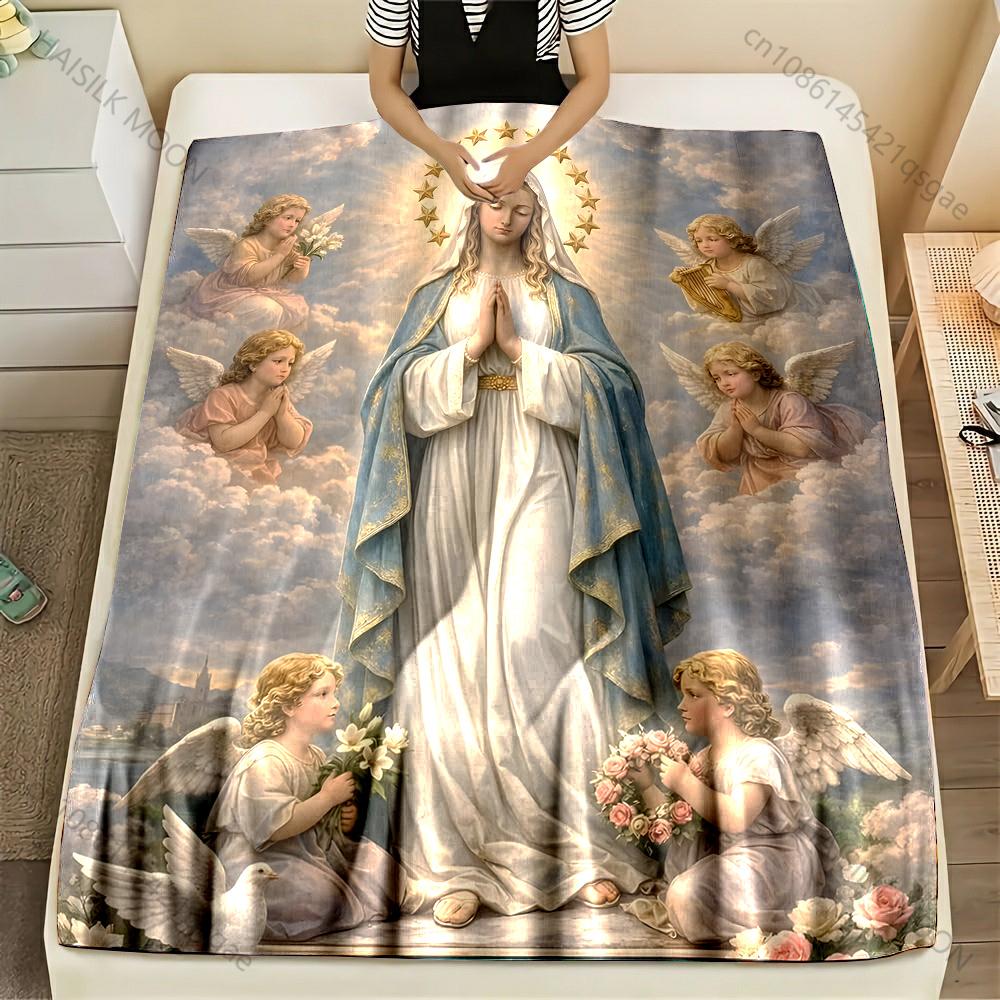 

1PC Virgin Mary and surrounding angels Print Blanket Warm Soft Fluffy Kids and Adult Sofa Bed Throw Blanket Travel Camping RV 75x90cm
