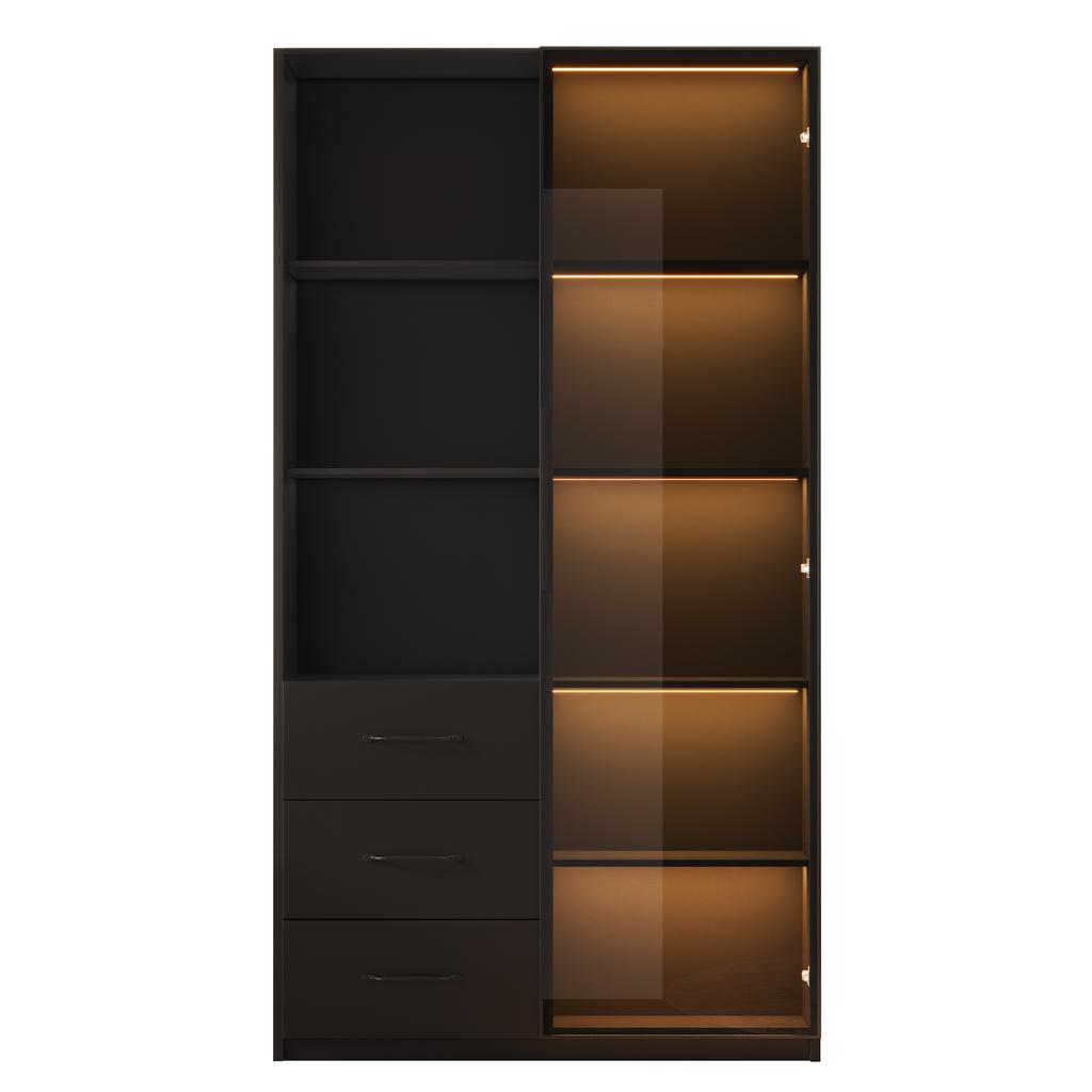 LED Display Cabinet 80 X 40 X 160 Cm - Bookcase with Tempered Glass Door and LED Lighting, 3 Drawers and 3 Open Compartments, Multicolor LEDs