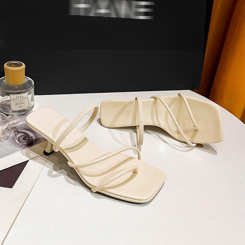 French thin strap square head high heel sandals thin heel 2025 new summer soft leather toe temperament kitten and cool slippers