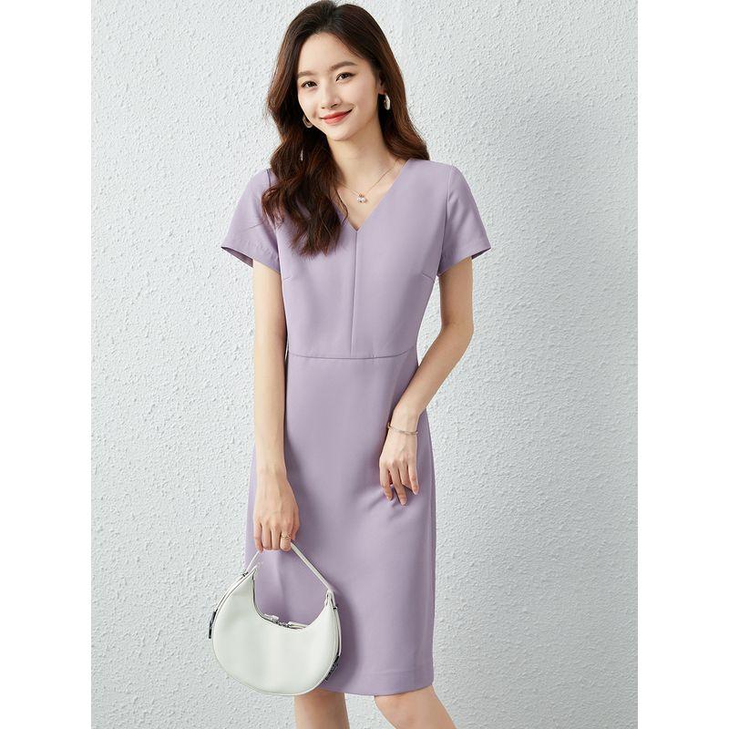 

Stylish V Neck Socialite Goddess Temperament over the Knee Dress Fragrant Taro purple M