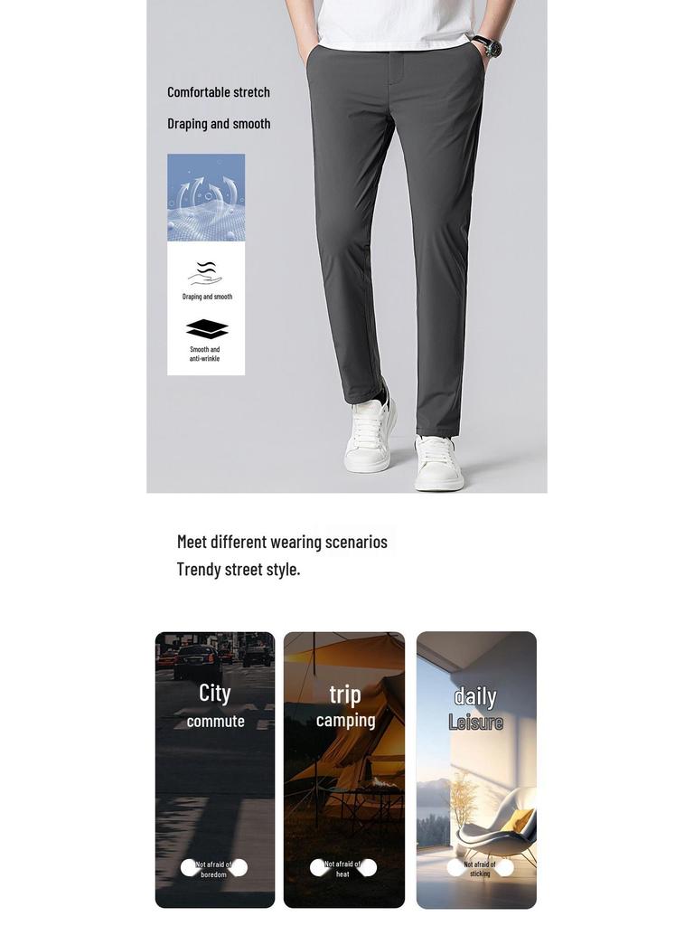2026 Men's Slim Fit Elastic Waist Summer Pants - Korean Style Ice Silk Casual Straight Leg
