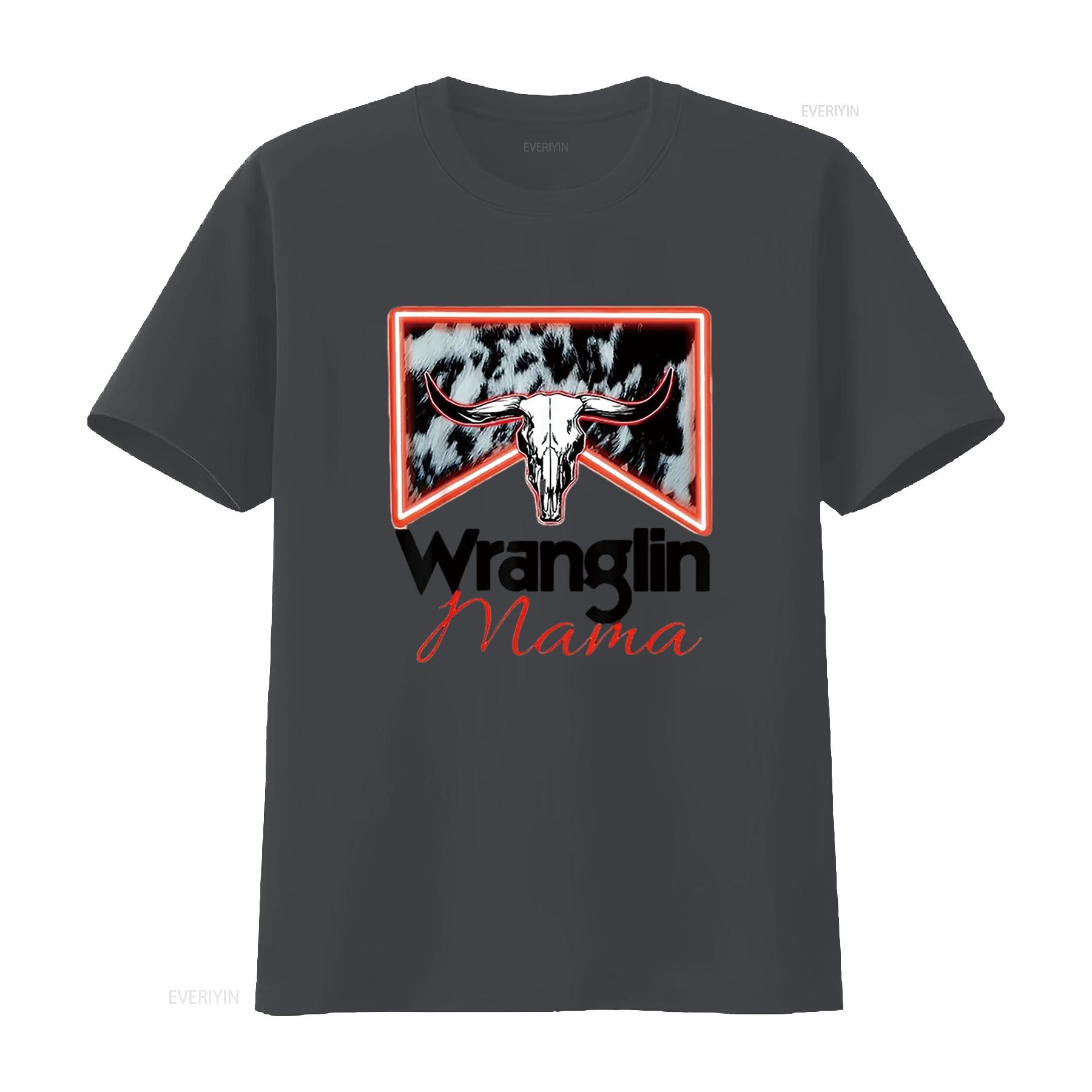 

Western Cowhide Wranglin Mama Rodeo Cowgirl Mom T Shirt vintage Washed Casual graphic Slightly Unisex Stretched streetwear 4XL