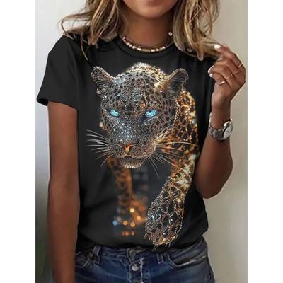 T-shirt rond pour femme avec motifs animaliers et imprimés diamantés de design léopard