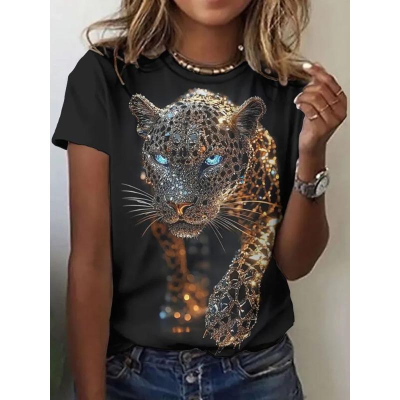 Women s round-neck T-shirt with animal patterns and diamond prints of leopard design S