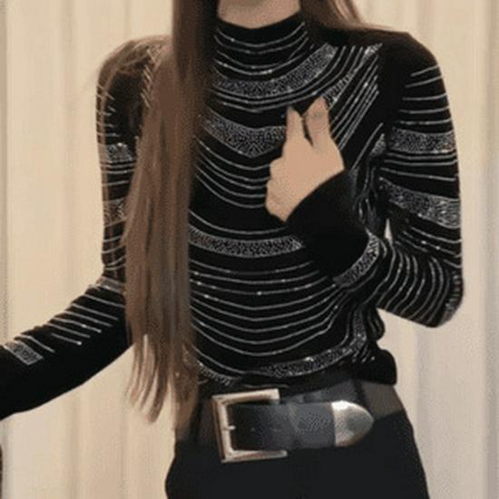 

De Rong Women s High-Class Autumn Winter Half-High Collar Long Sleeve T-Shirt with Hot Drilling XL