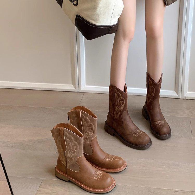 British style retro embroidered western cowboy boots women's 2025 new retro knight boots short boots ethnic style Martin boots