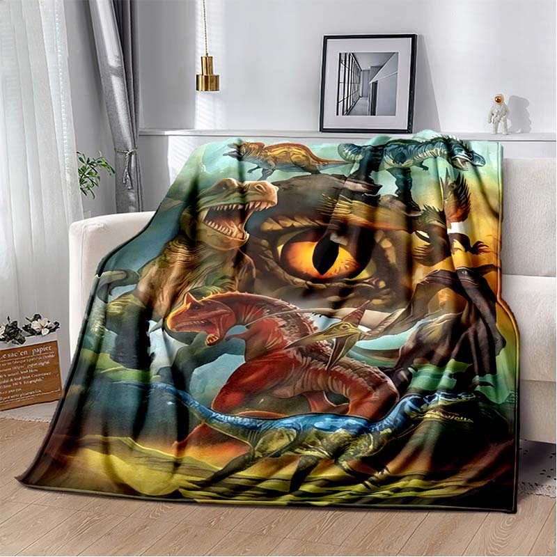 Fire T-Rex Dinosaur Print Flannel Blanket, Kids Prehistoric Throw Blanket