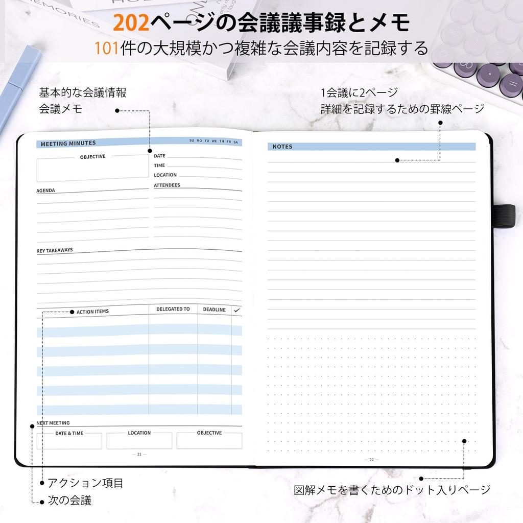 WEMATE Meeting Meeting Business 200 Arbeitsbesprechung Arbeit Schwarz Notizen, Protokoll, Hardcover, Notizblock, B5, Seiten, Notizen, Notizen, Tagebuch, Effizienz,