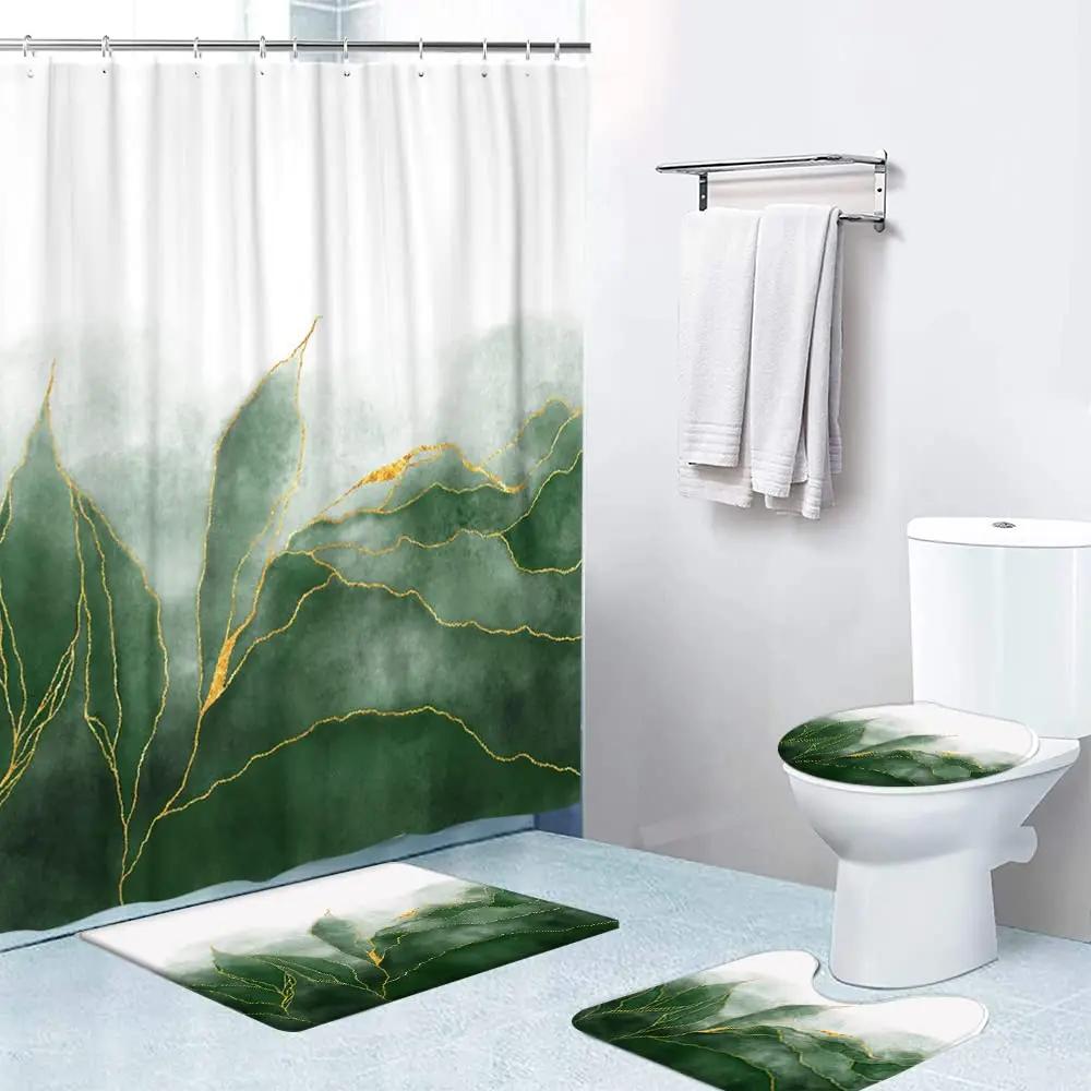Blue Green Leaves Shower Curtain Set With Non-Slip Rug Toilet Lid Cover Bath Mat And Hooks Plant Leaf Vine Waterproof Decor Sets