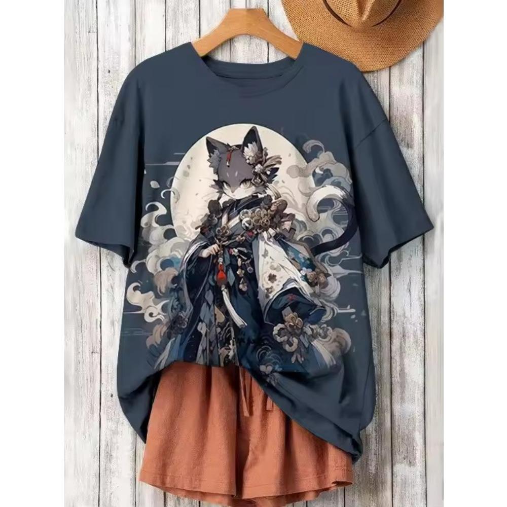 Cartoon Character Pattern Denim Print Round Neck T-shirt for Spring and Summer Casual Short Sleeved Top Women's Clothing