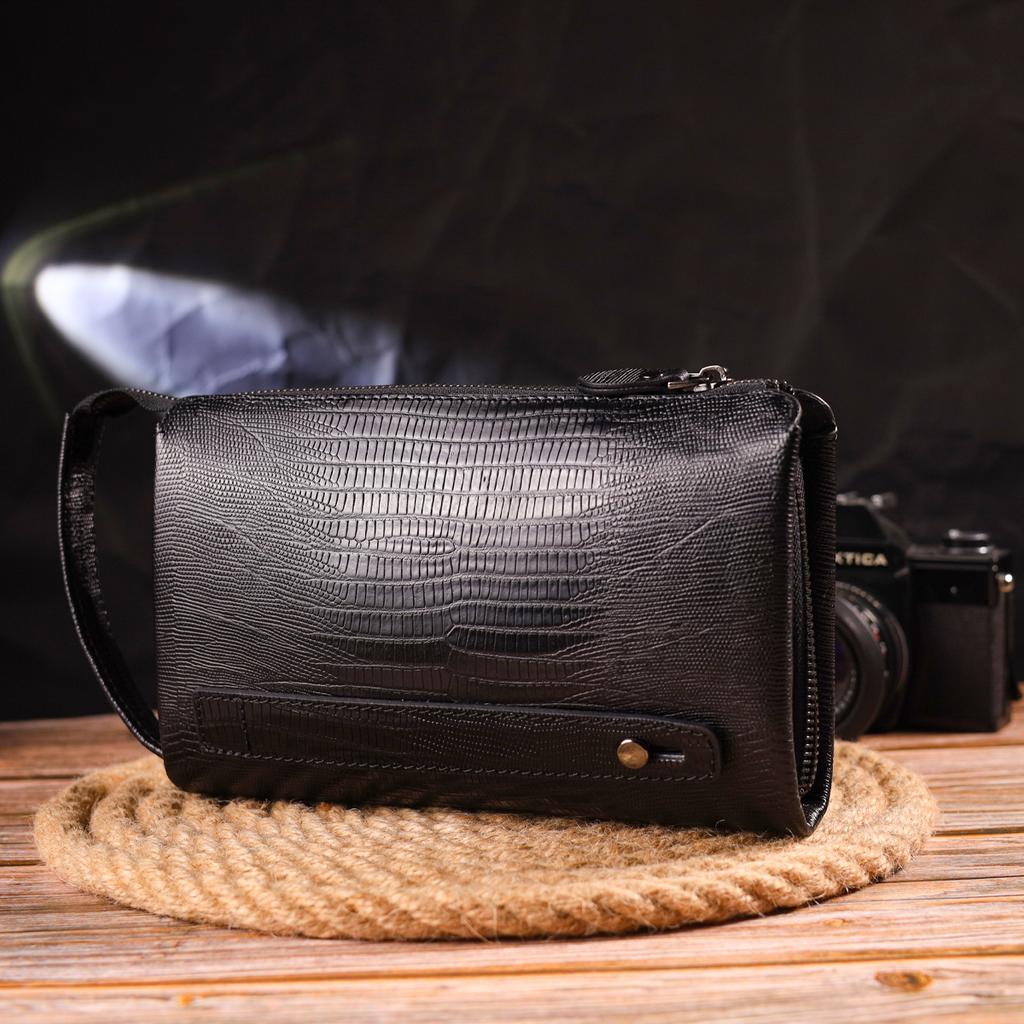 Stylische Clutch für Herren aus echtem Strukturleder mit Reptilprägung CANPELLINI 21563 Schwarz