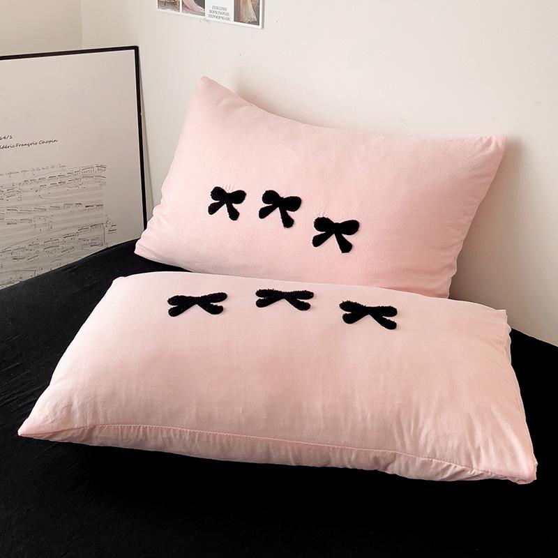 Black Bow Embroidery Duvet Cover 3 Pieces Set Girl Adult Bedroom Pink Decor Quilt Cover Solid Color Bedding with 2 Pillowcases