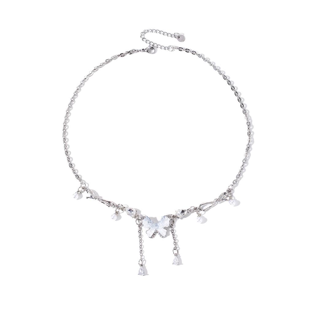 Colar de Borboleta de Cristal com Borla e Pérolas Corrente Premium para Clavícula com Cravação de Diamantes de Luxo Leve Acessórios de Corrente de Pescoço de Nicho de Luxo Leve