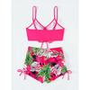 Women's Neon Green Tropical Leaf Two Piece Swimsuit - High Waisted Drawstring Bikini Set