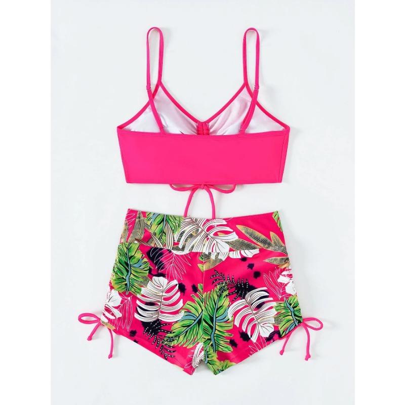 Women's Neon Green Tropical Leaf Two Piece Swimsuit - High Waisted Drawstring Bikini Set
