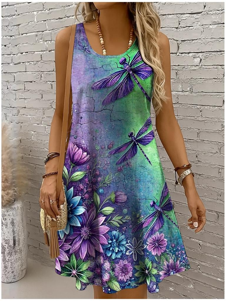 Women's Dragonfly 3D Print Long Dress, Off Shoulder Sleeveless Crew Neck A-Line Casual Summer Dress